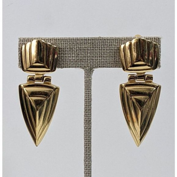 Givenchy Vintage Clip On Earrings - Gold Toned Door Knocker Triangle - Picture 3 of 12